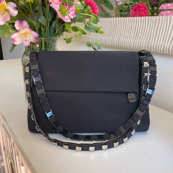 Salvatore Ferragamo Handbags - FERRAGAMO Black Nylon Chain-Link Flap Shoulder Bag - Designer Handbag